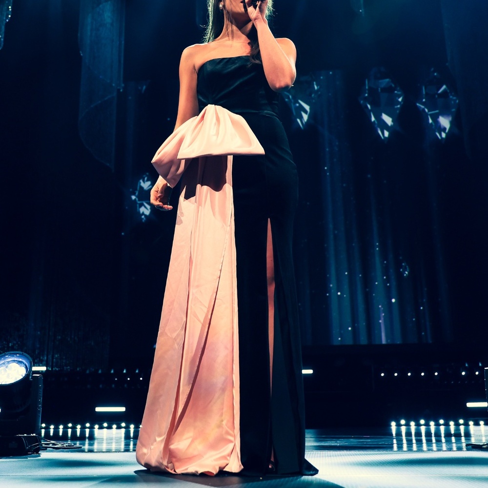 Black Velvet Strapless Gown with Pink Bow